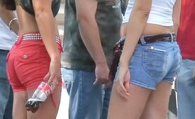 The girls denim shorts at once drew the attention of the kinky guy with hidden camera